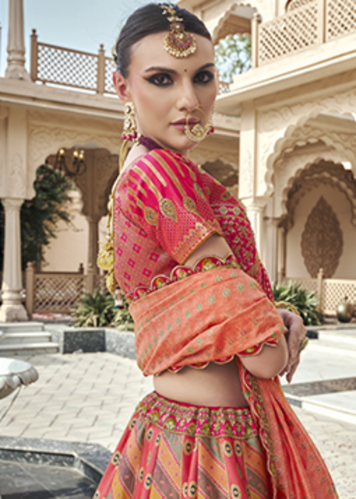 Fuchsia Pink Mix Color Regal Zarkan Banarasi Silk Lehenga.