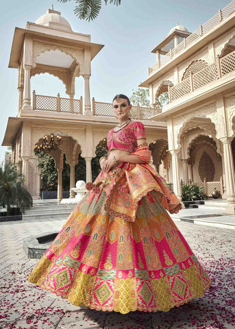 Fuchsia Pink Mix Color Regal Zarkan Banarasi Silk Lehenga