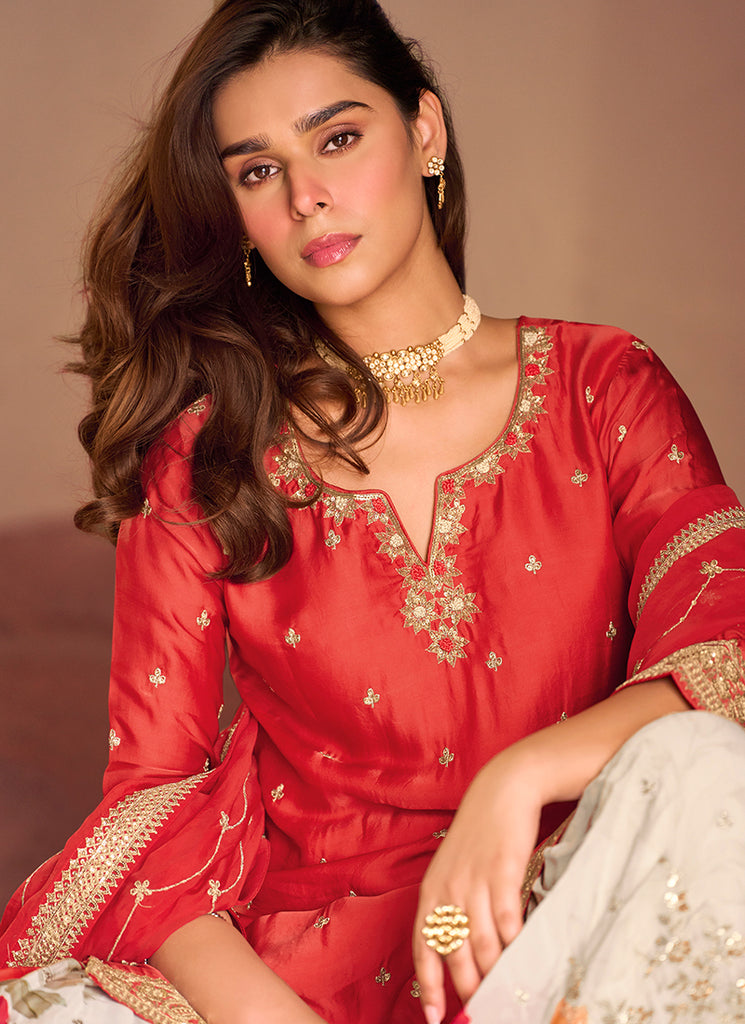 Crimson Red Floral Sequence Embroidered Gharara Suit