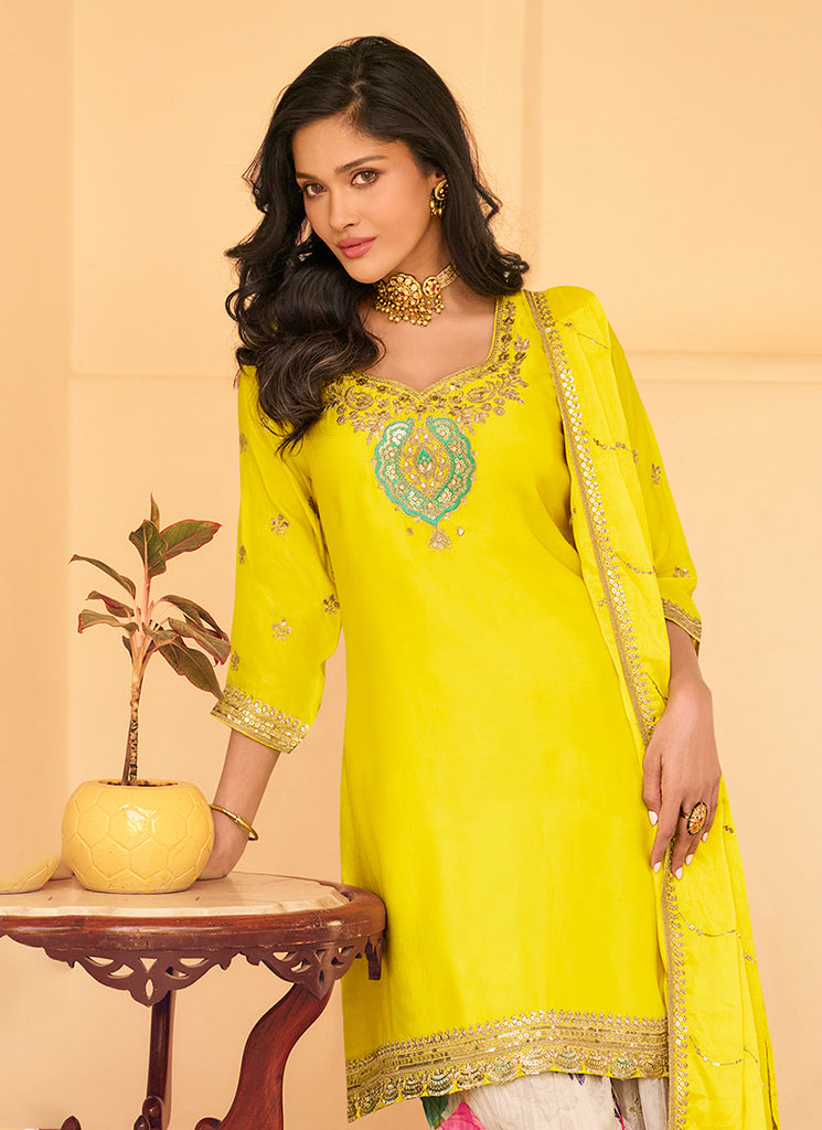 Golden Yellow Floral Sequence Embroidered Gharara Suit