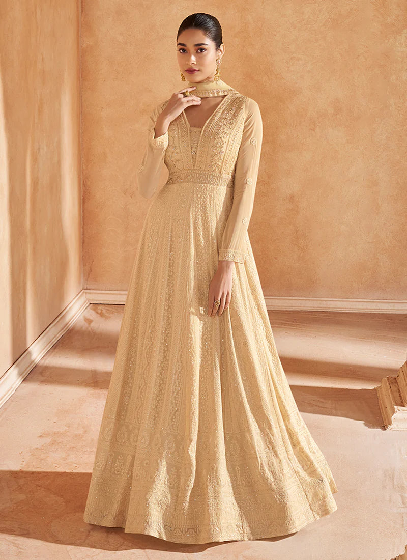 Golden Beige Chikankari Embroidery Designer Anarkali