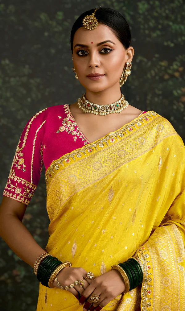 Yellow And Magenta Multi Embroidery Silk Saree