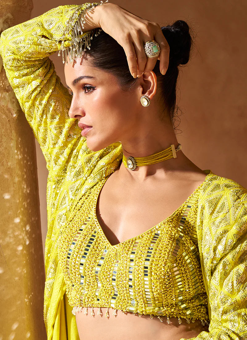 Golden Yellow Embroidered Jacket Style Palazzo Suit