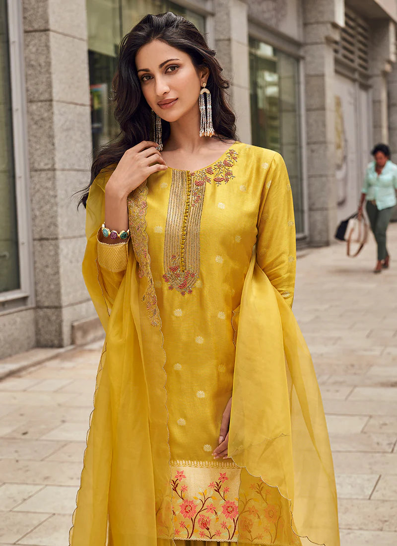 Golden Yellow Embroidery Party Wear Gharara Suit