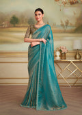 Golden Blue Shining Georgette Silk Designer Saree
