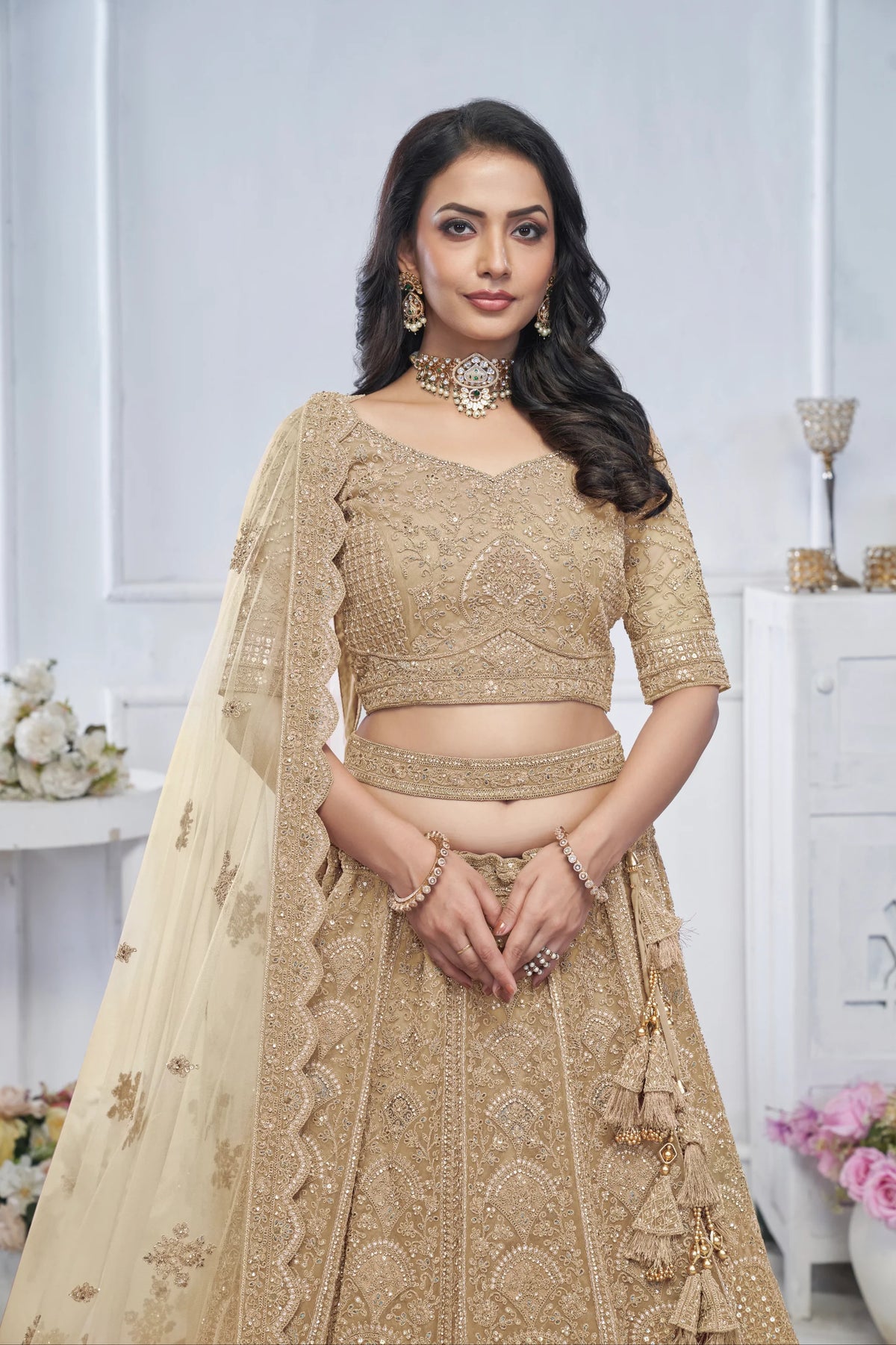 Golden embroidered Net designer wedding lehenga choli