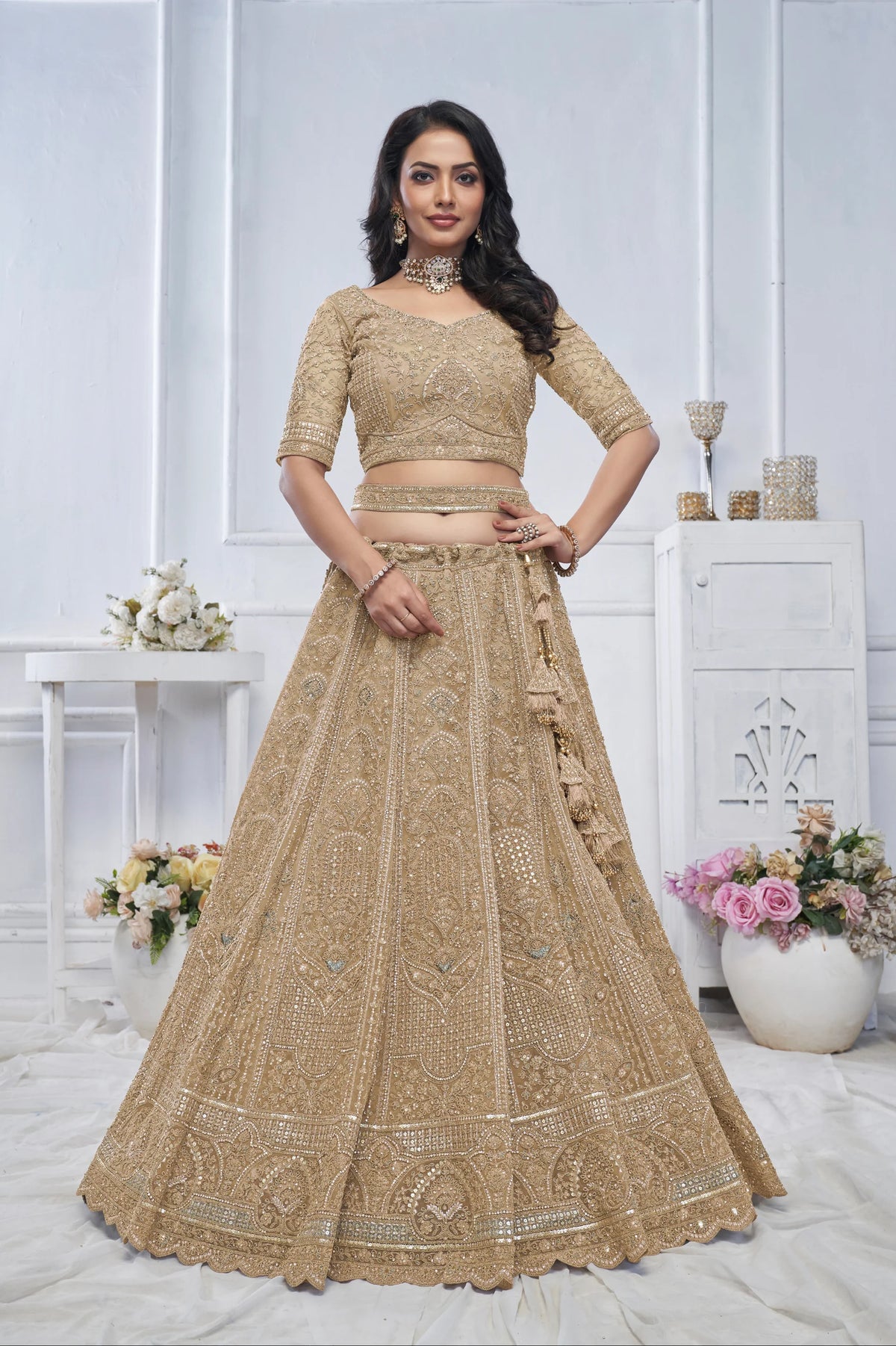 Golden embroidered Net designer wedding lehenga choli