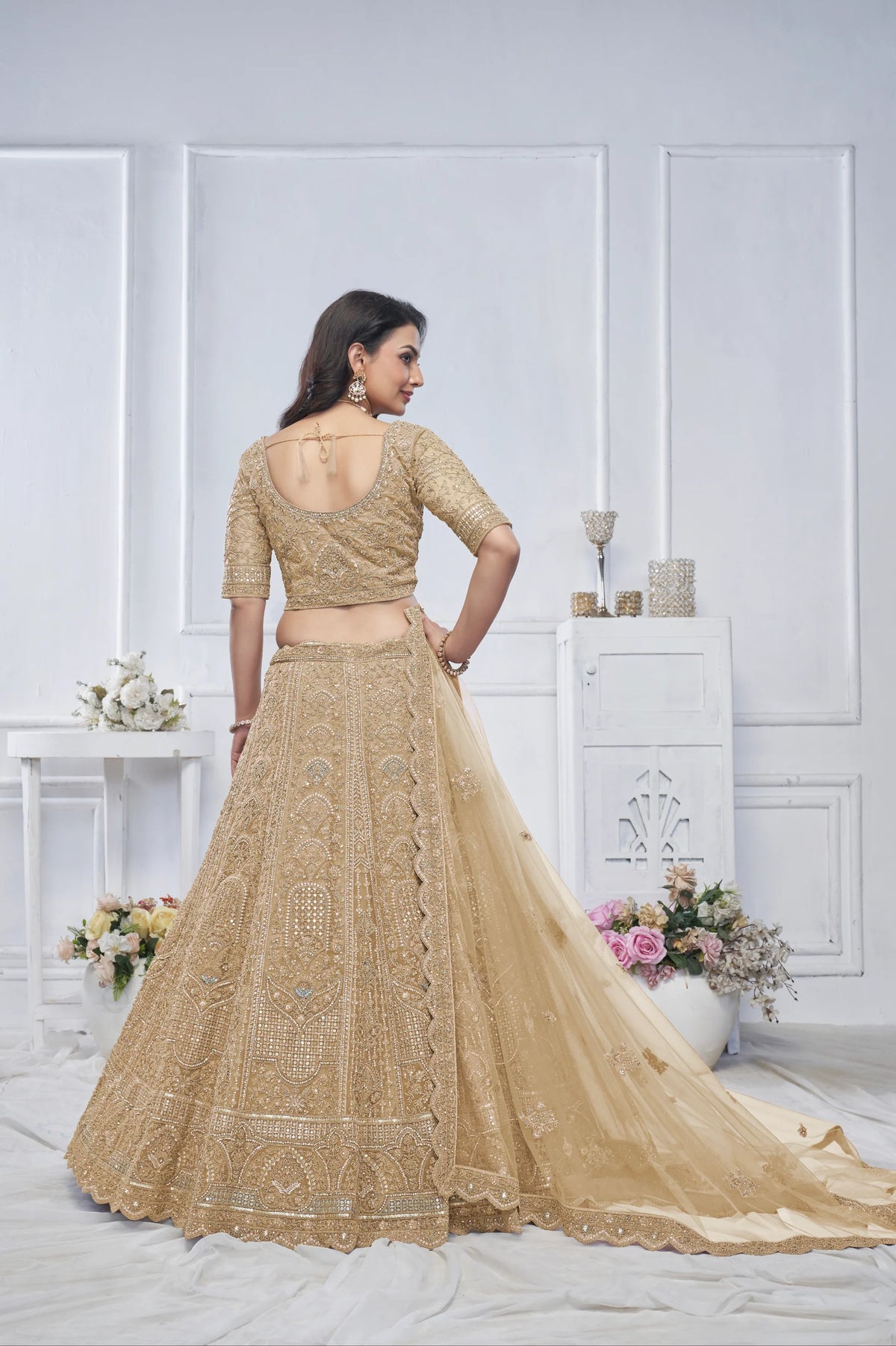 Golden embroidered Net designer wedding lehenga choli