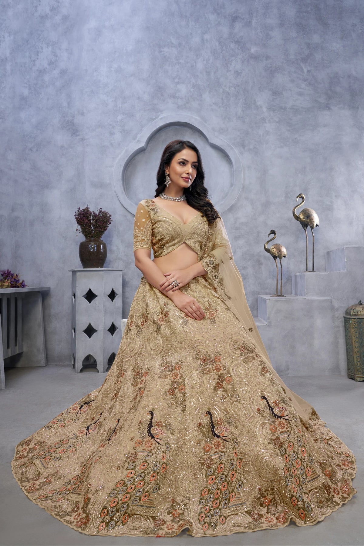 Golden embroidered designer wedding lehenga choli