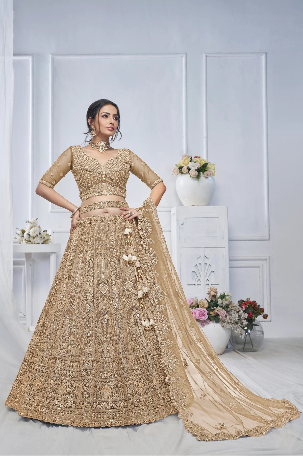 Golden net embroidery designer Wedding Lehenga