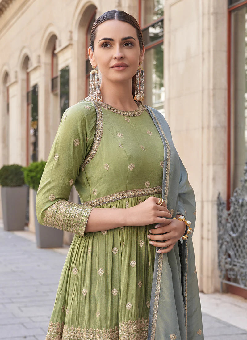 Green And Mist Blue Embroidery Sharara Style Suit