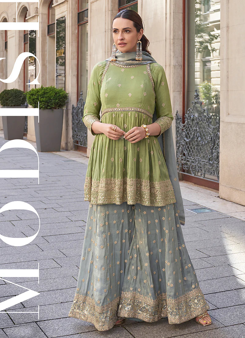 Green And Mist Blue Embroidery Sharara Style Suit