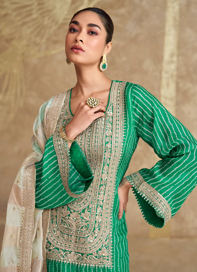 Green And Off White Embroidered Gharara Style Suit