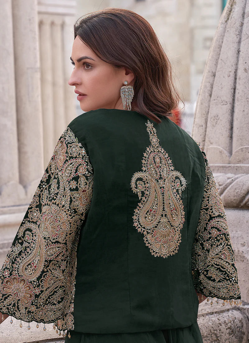 Green Embroidered Jacket Style Designer Palazzo Suit