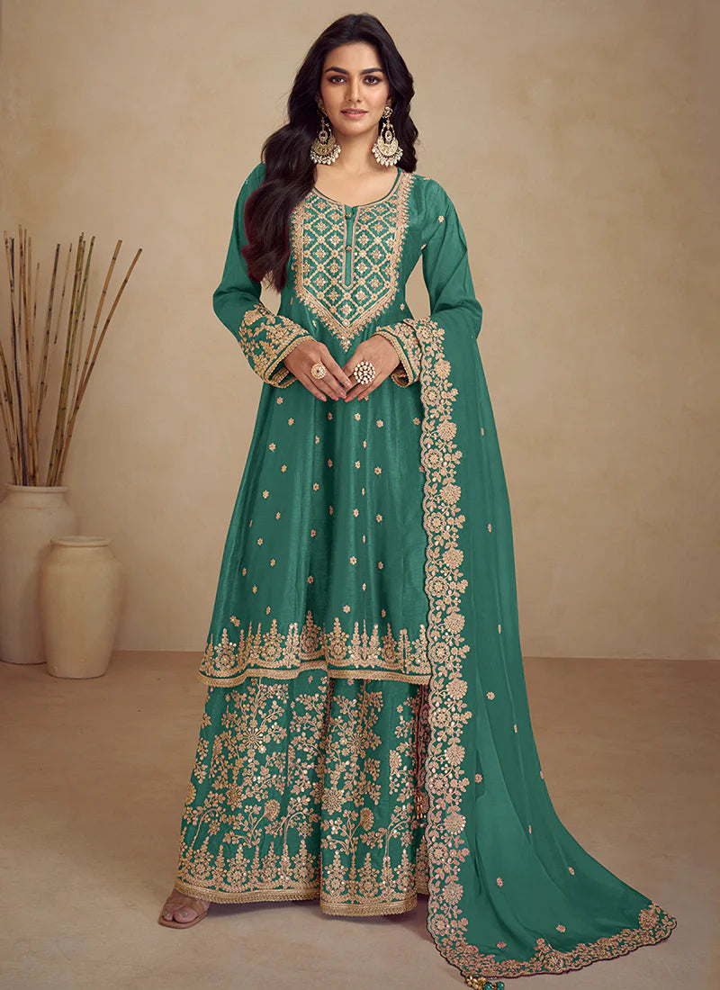 Green Embroidery Anarkali Sharara Suit