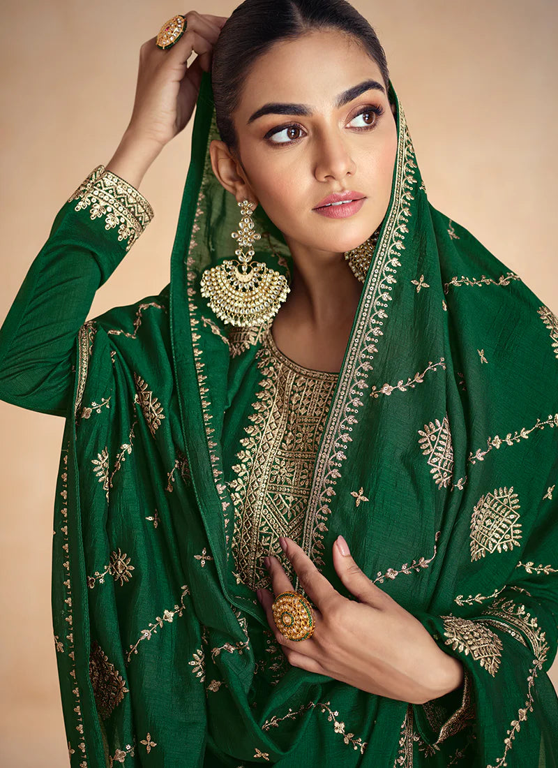 Green Golden Embroidery Wedding Anarkali Suit