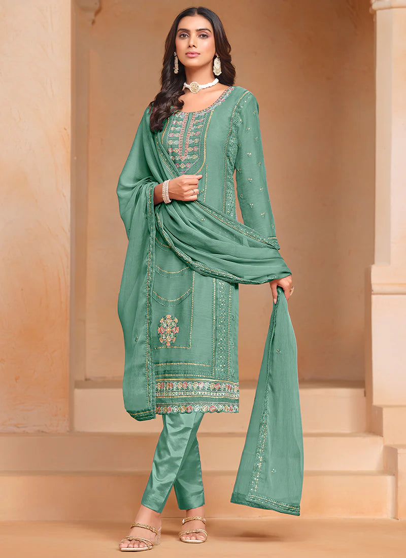 Green Multi Embroidery Salwar Kameez Suit