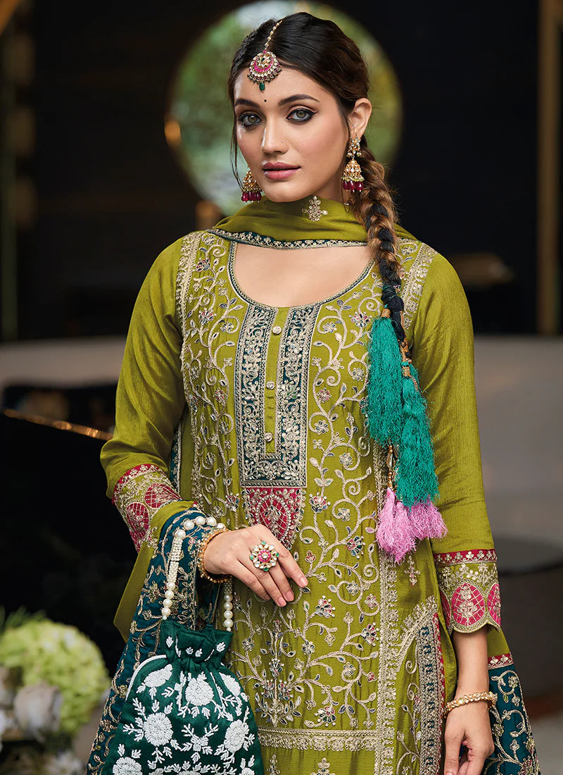 Green Multi Embroidery Traditional Palazzo Style Suit