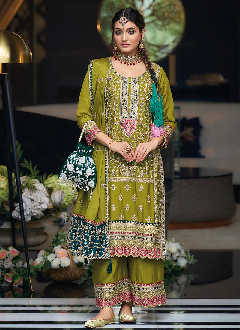 Green Multi Embroidery Traditional Palazzo Style Suit