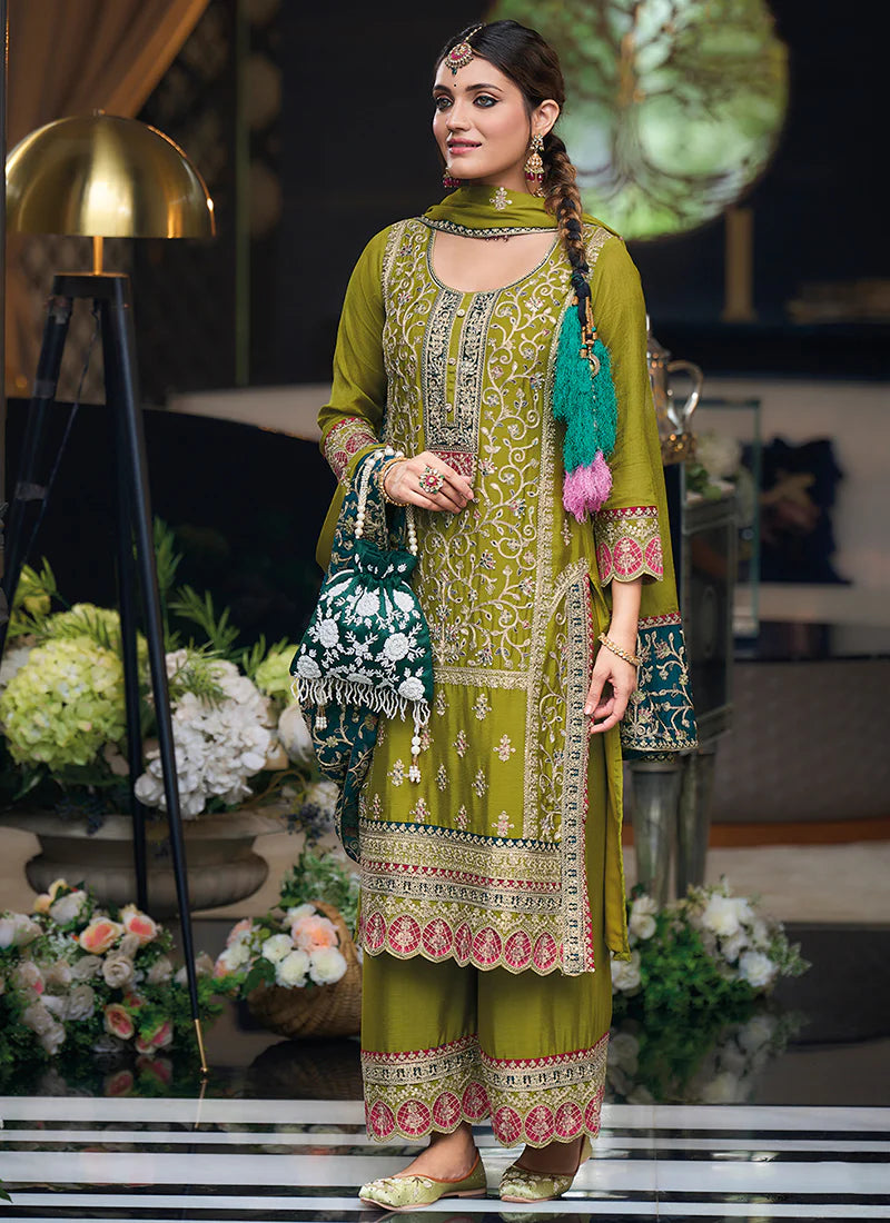 Green Multi Embroidery Traditional Palazzo Style Suit