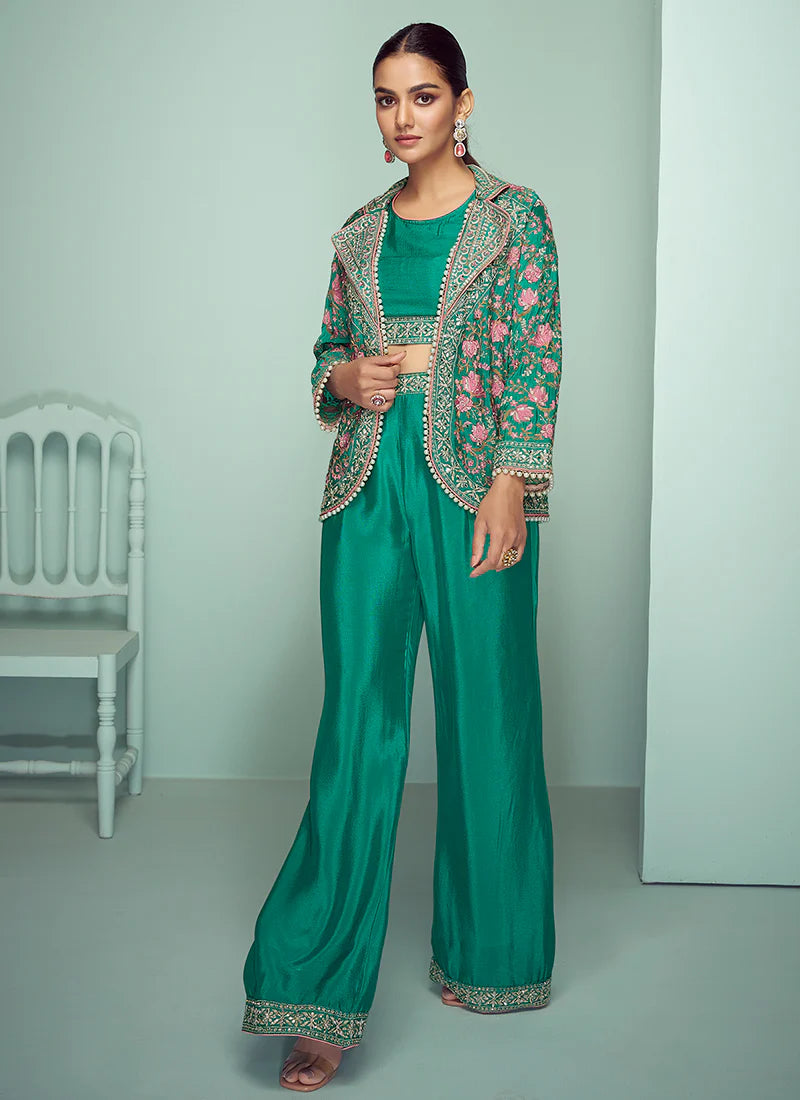 Green Multi Floral Embroidery Blazer Co-Ord Set