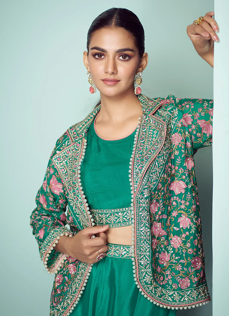 Green Multi Floral Embroidery Blazer Co-Ord Set