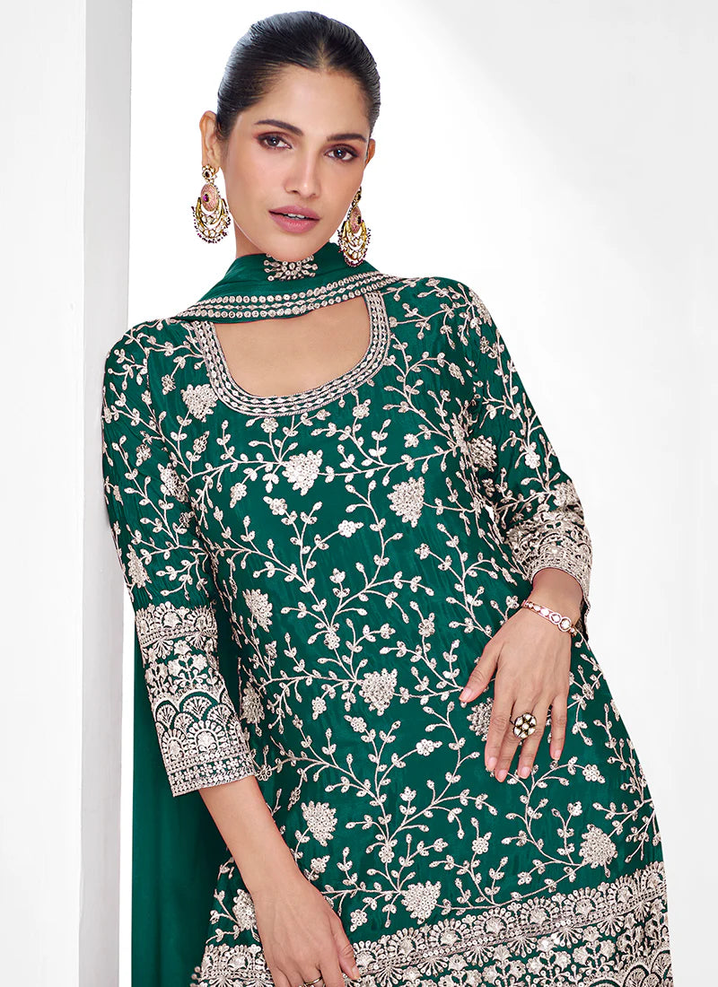 Green Traditional Embroidery Festive Gharara Suit