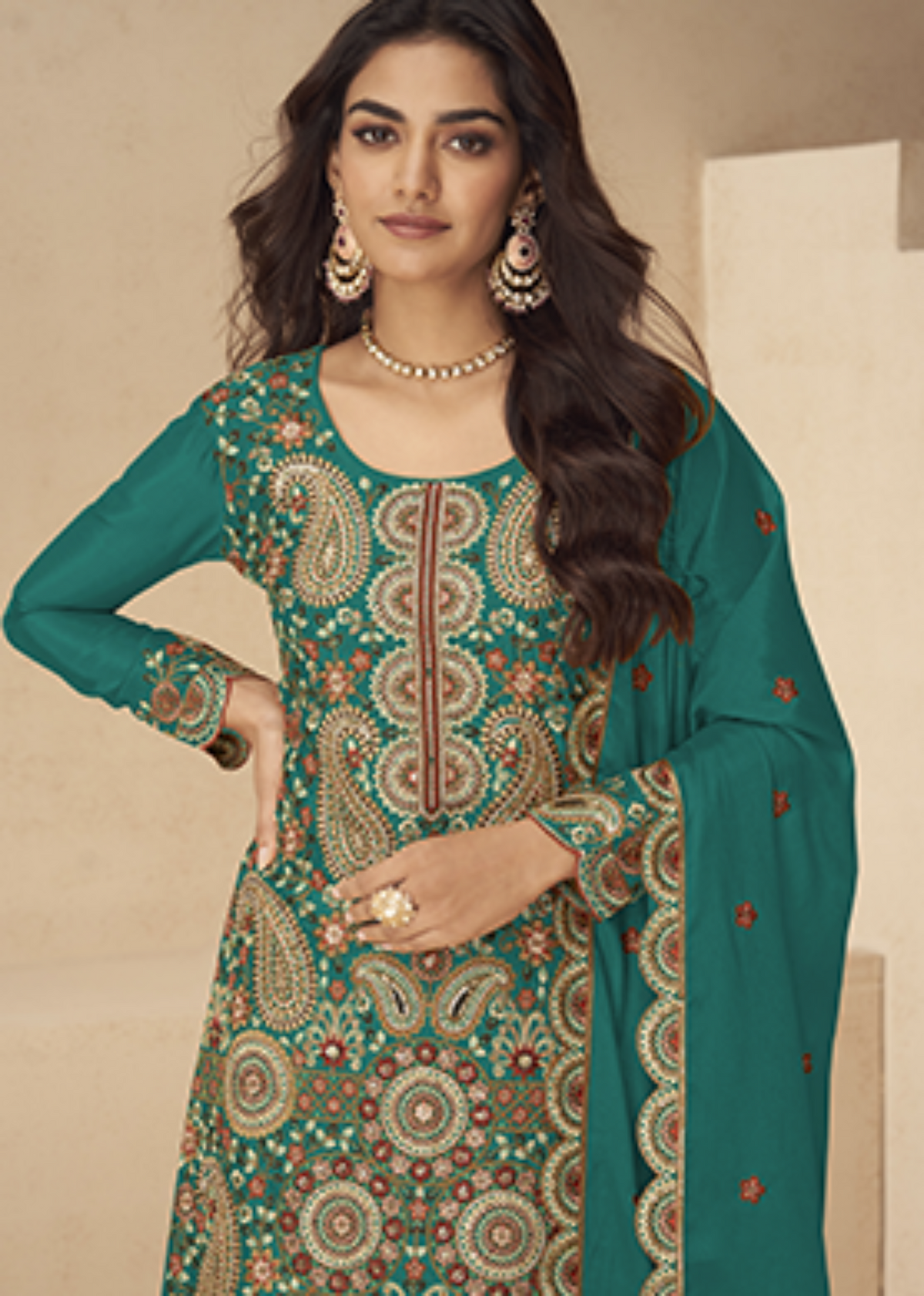 Green Chinon Embroidered Palazzo Suit-2025