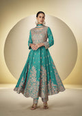 Green Chinon Embroidered Zari Work Anarkali Suit