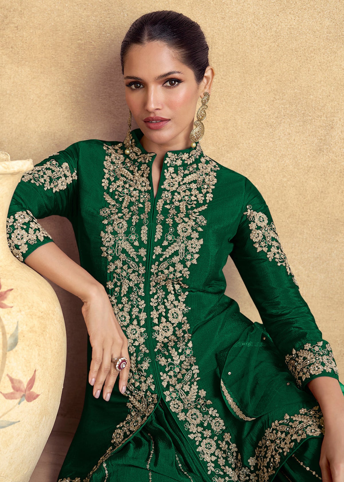 Buy Green Embroidered Sharara Style Suit