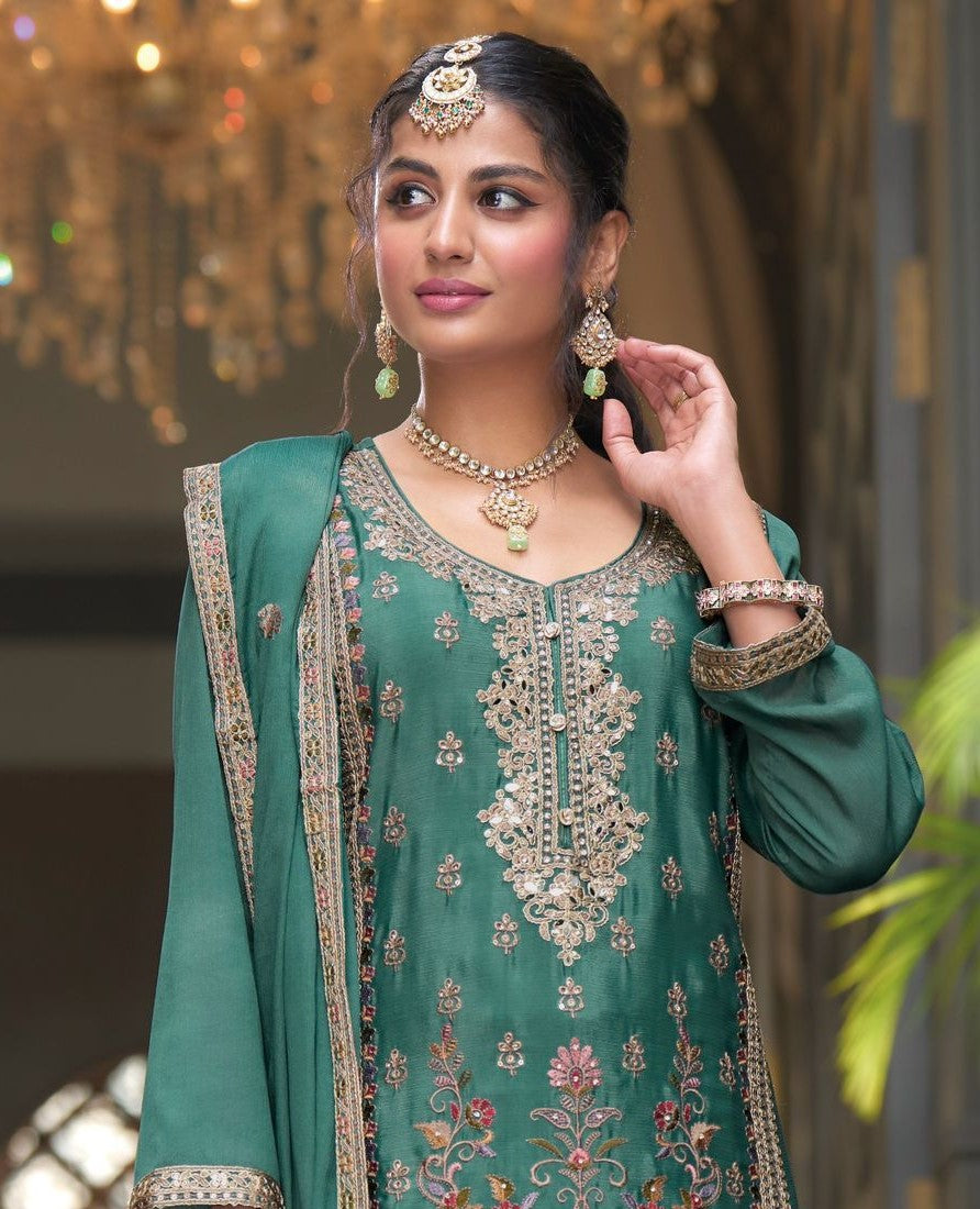 Green Multi Embroidery Palazzo Suit