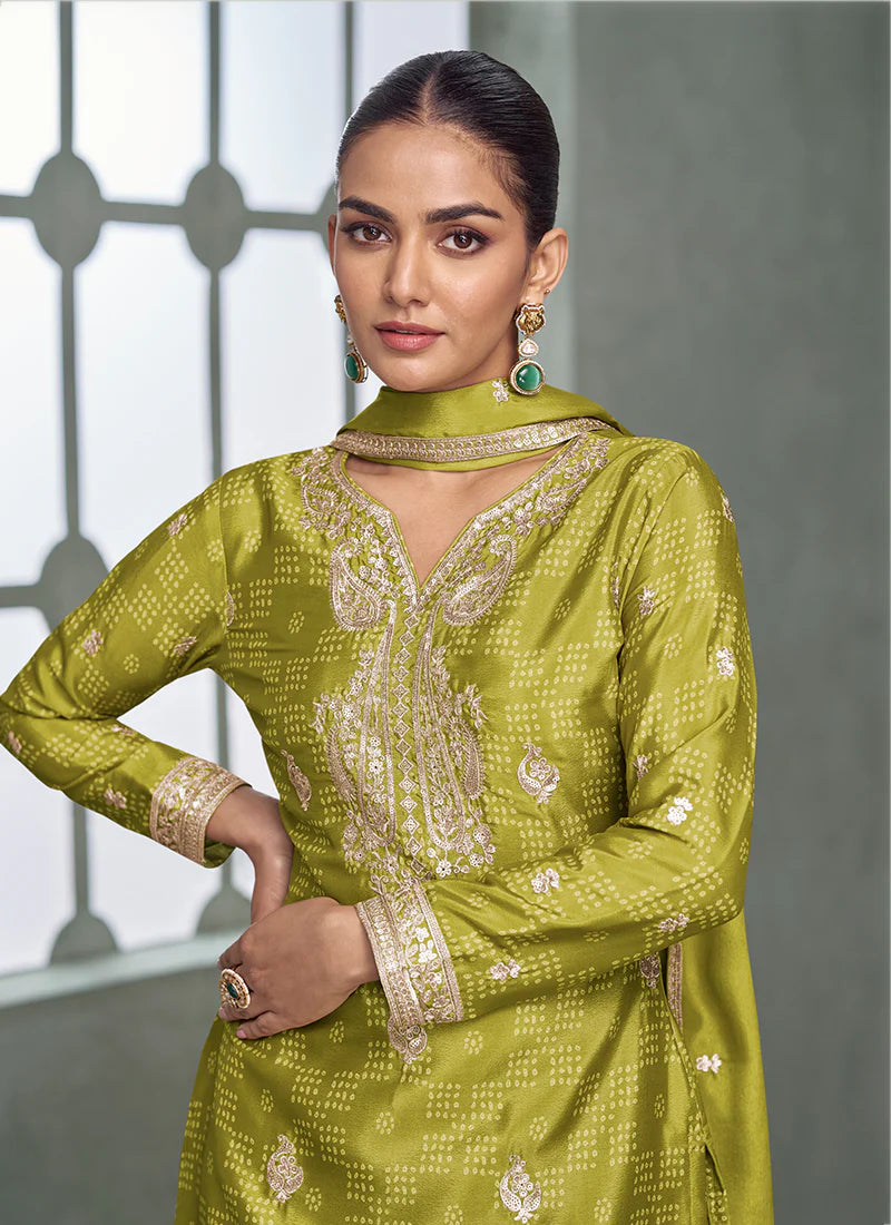 Woman wearing a green traditional outfit with intricate patterns in a neutral setting