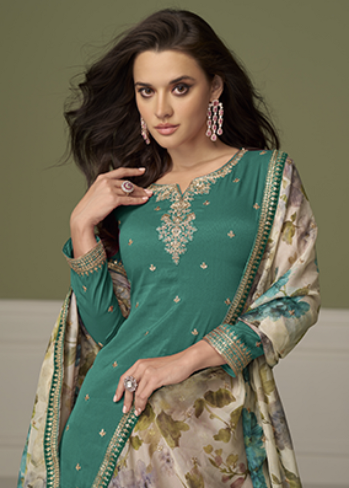 Green Simar Silk Embroidered Palazzo Suit-2025