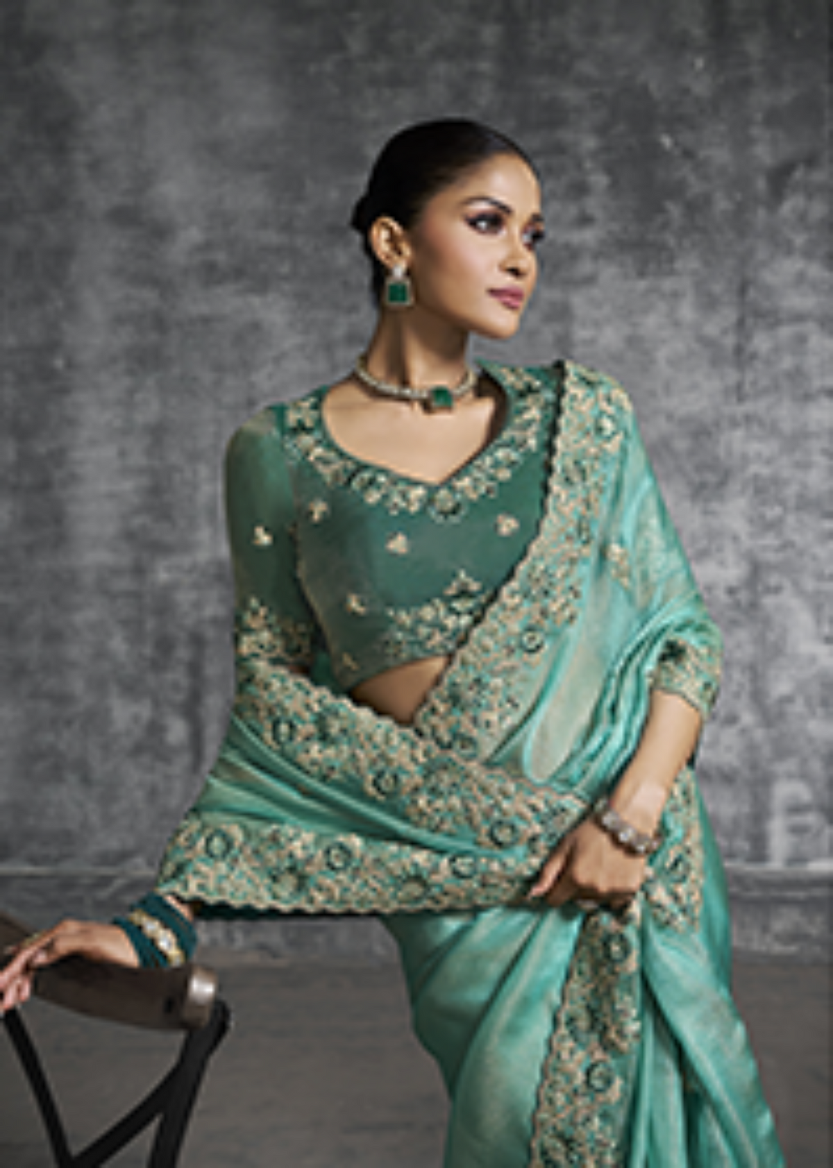 Green Tissue Zari Embroidered Saree