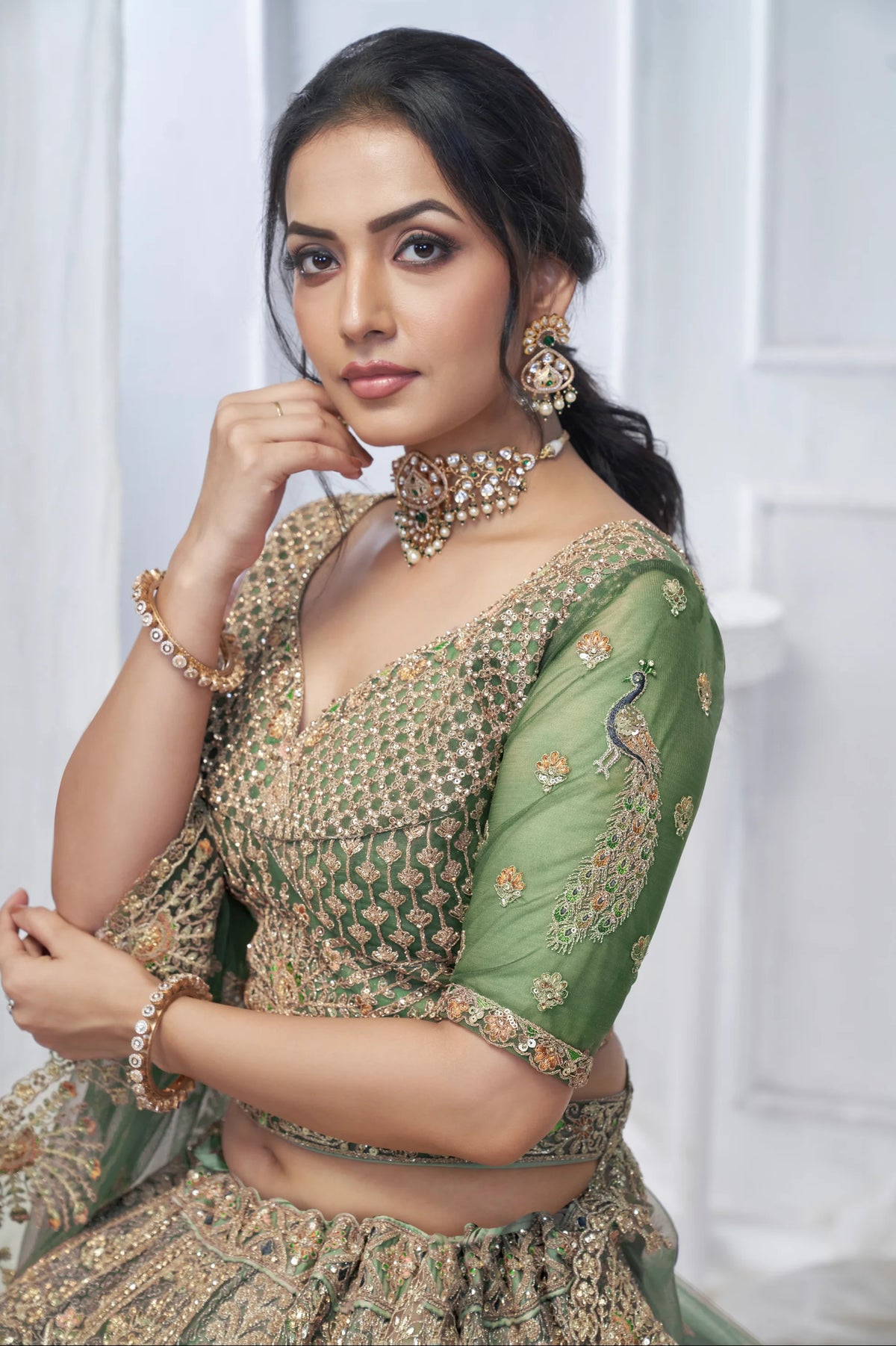 Green net embroidery designer Wedding Lehenga