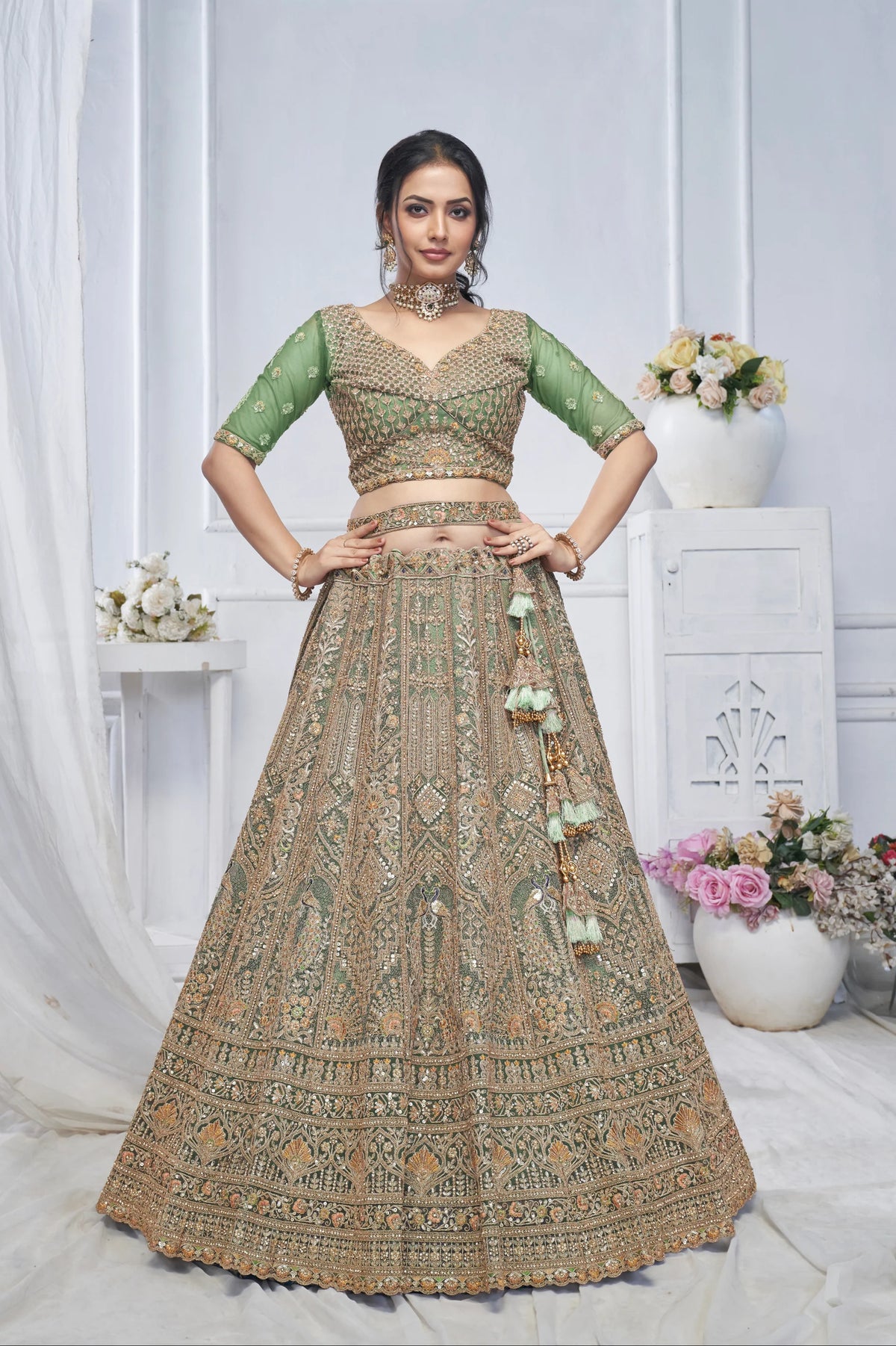 Green net embroidery designer Wedding Lehenga