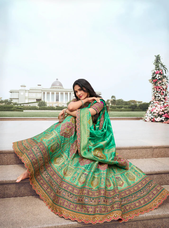 Green and Pink Banarasi Silk bridal lehenga