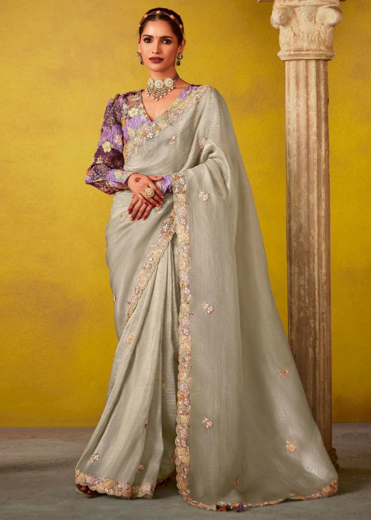 Multi-Embroidery Silk Sarees - silk sarees - silk saree collection-grey-and-lavender-multi-embroidery-silk-saree