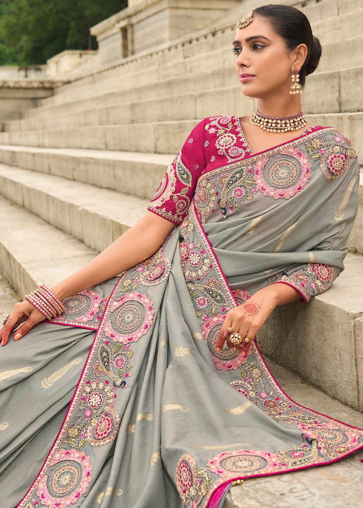 Grey And Magenta Multi Embroidery Saree