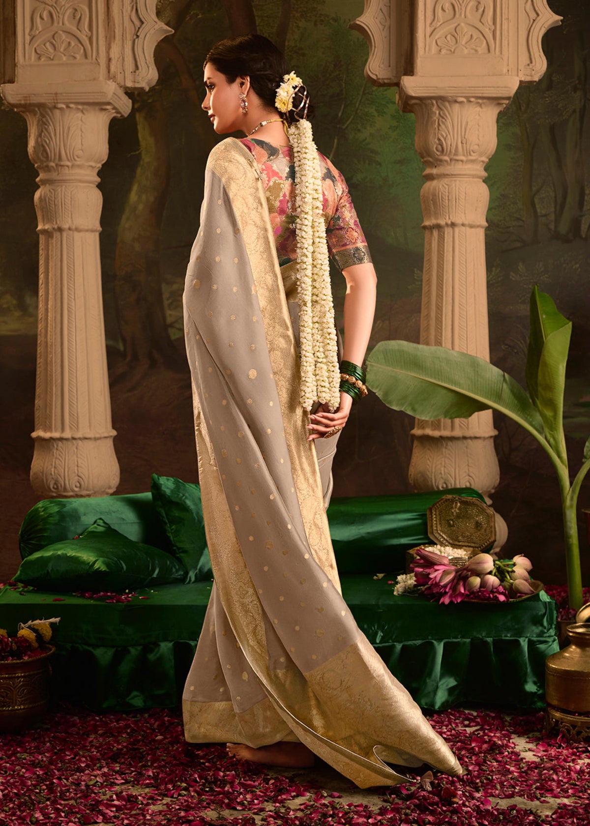 Grey Dola Silk Traditional Saree