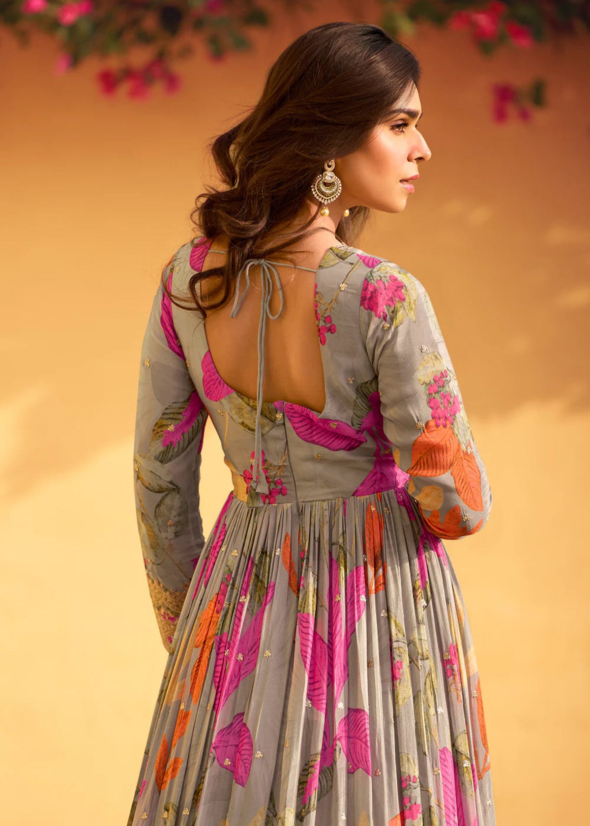 Grey Embroidered Floral Anarkali Gown