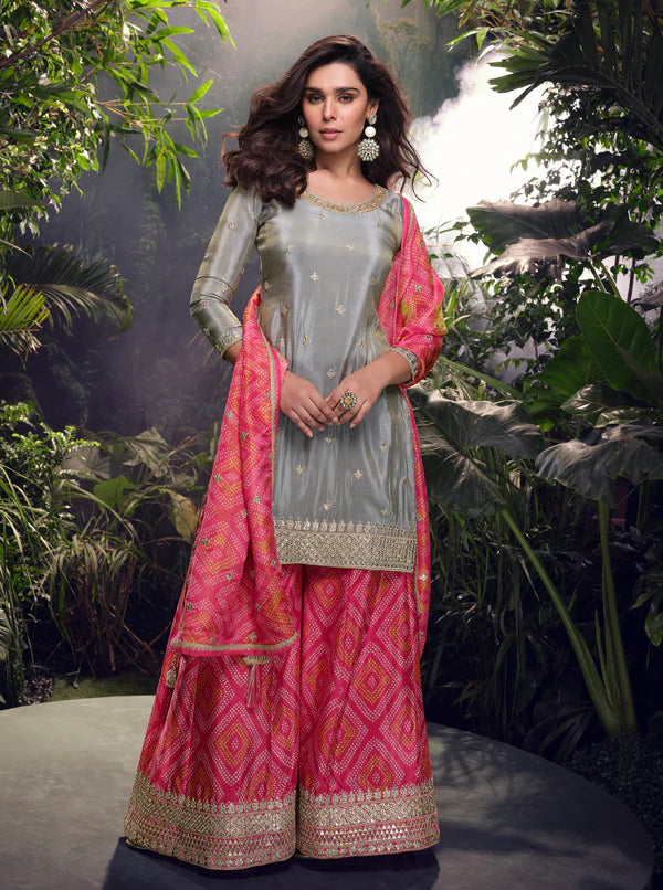 Grey Pink Chinon Silk wedding Sharara Suit 2