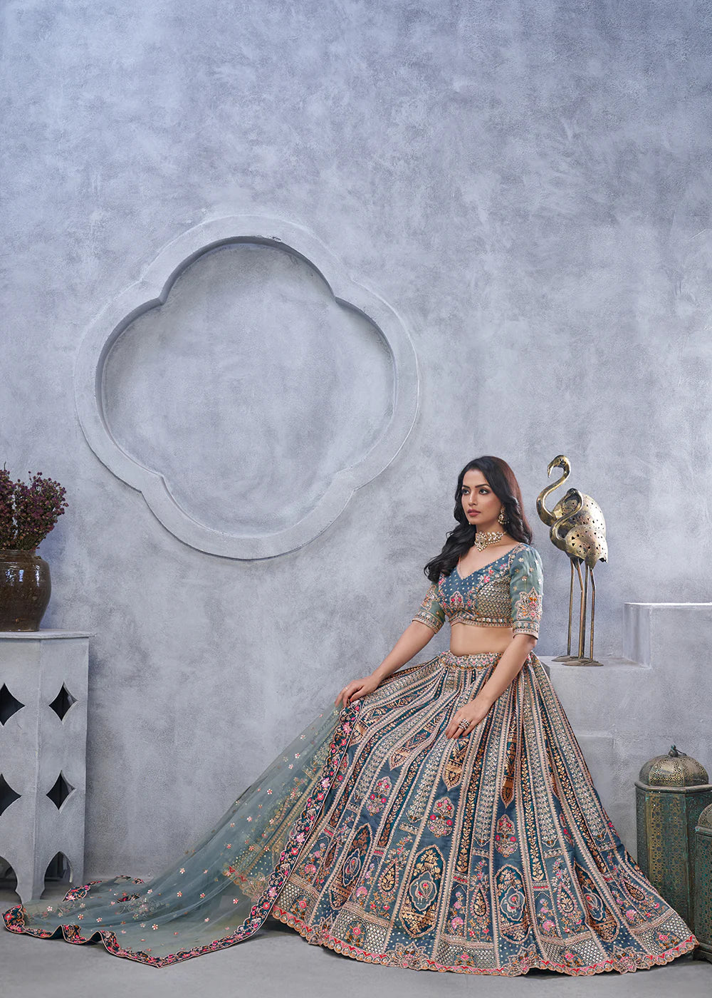 Grey embroidered designer wedding lehenga choli