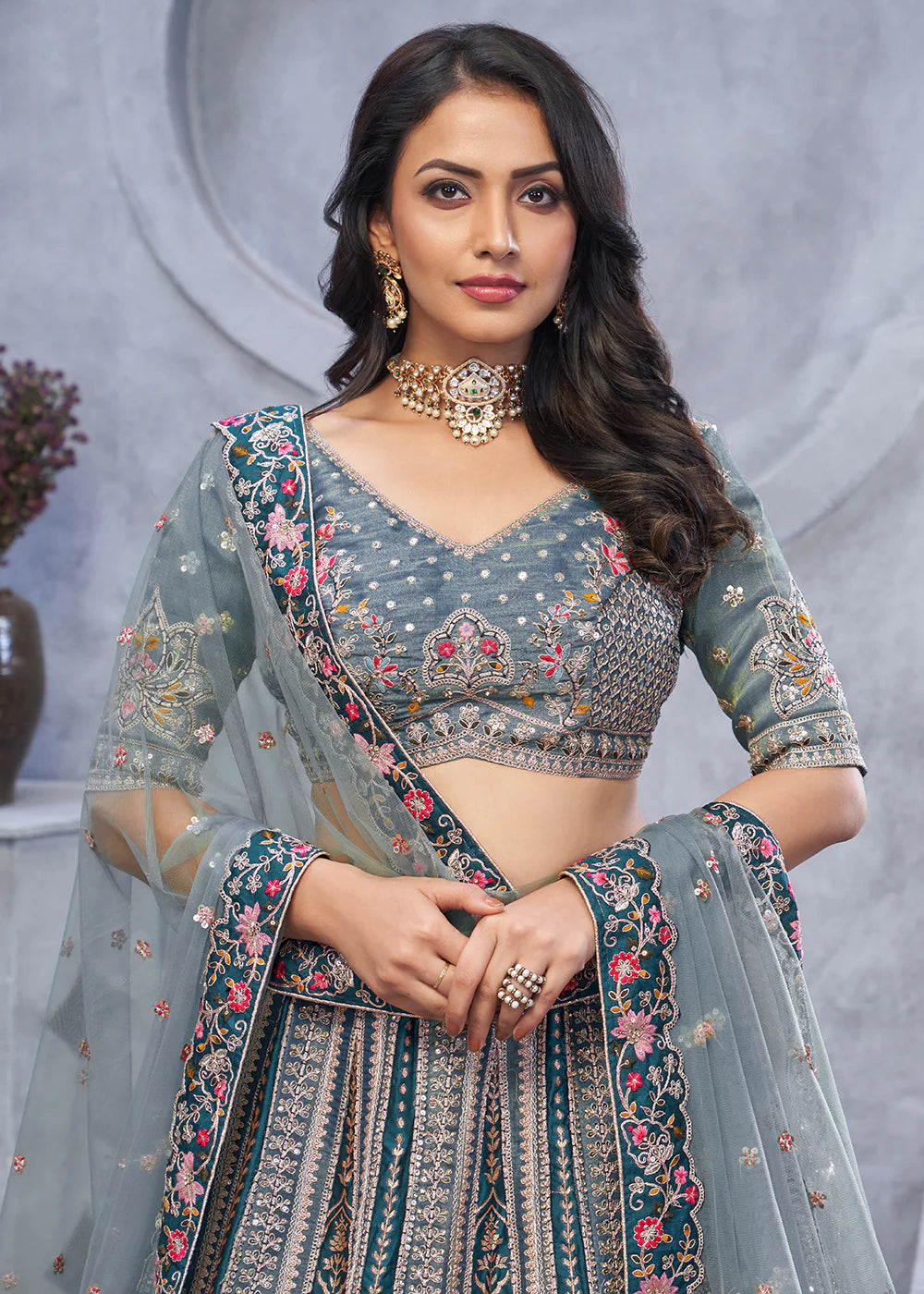 Grey embroidered designer wedding lehenga choli