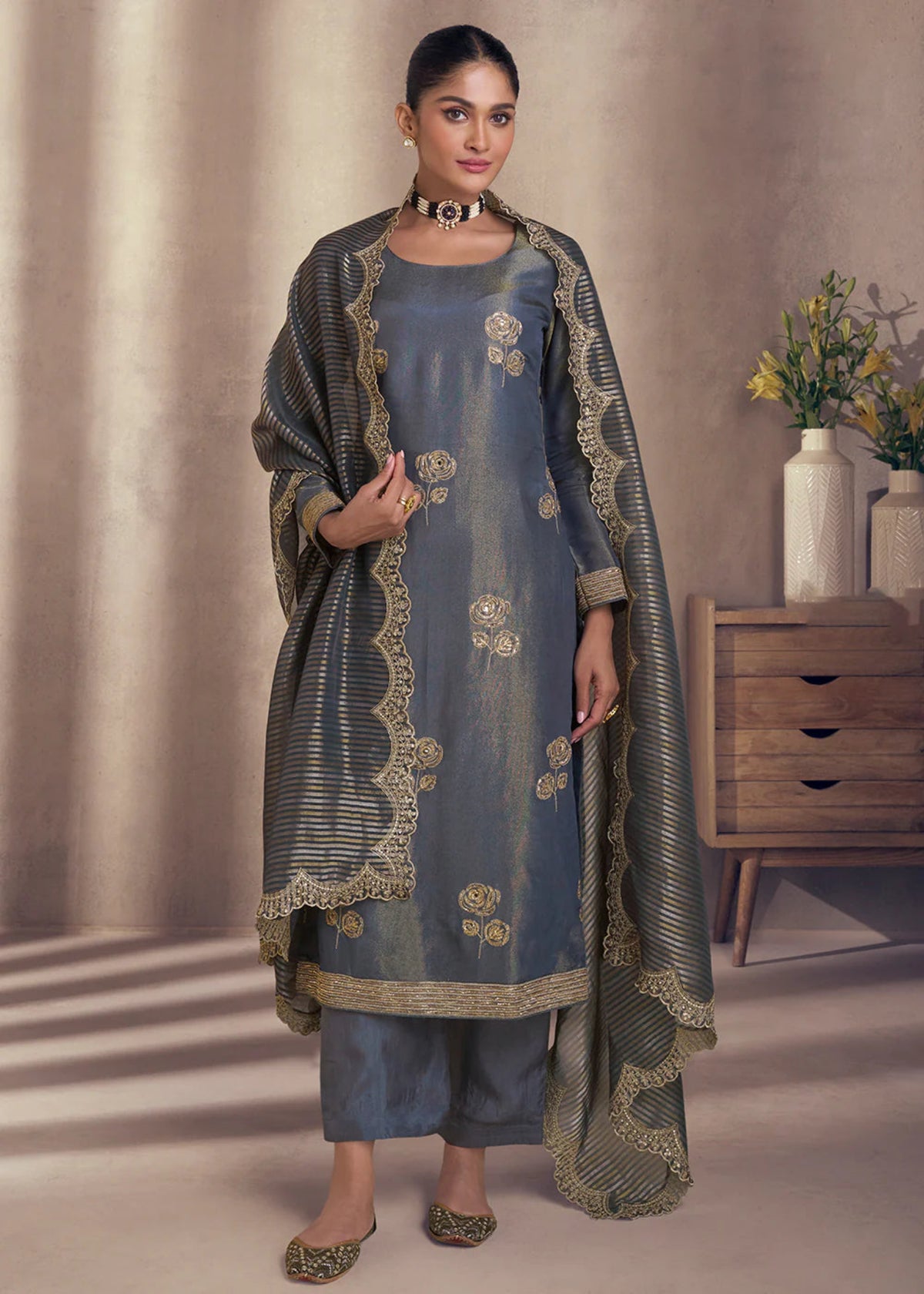 Grey embroidered silk salwar suit