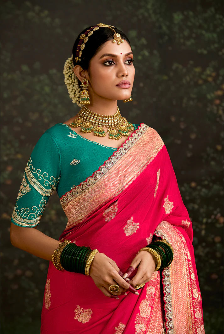 Cherry Red And Teal Multi Embroidery Silk Saree