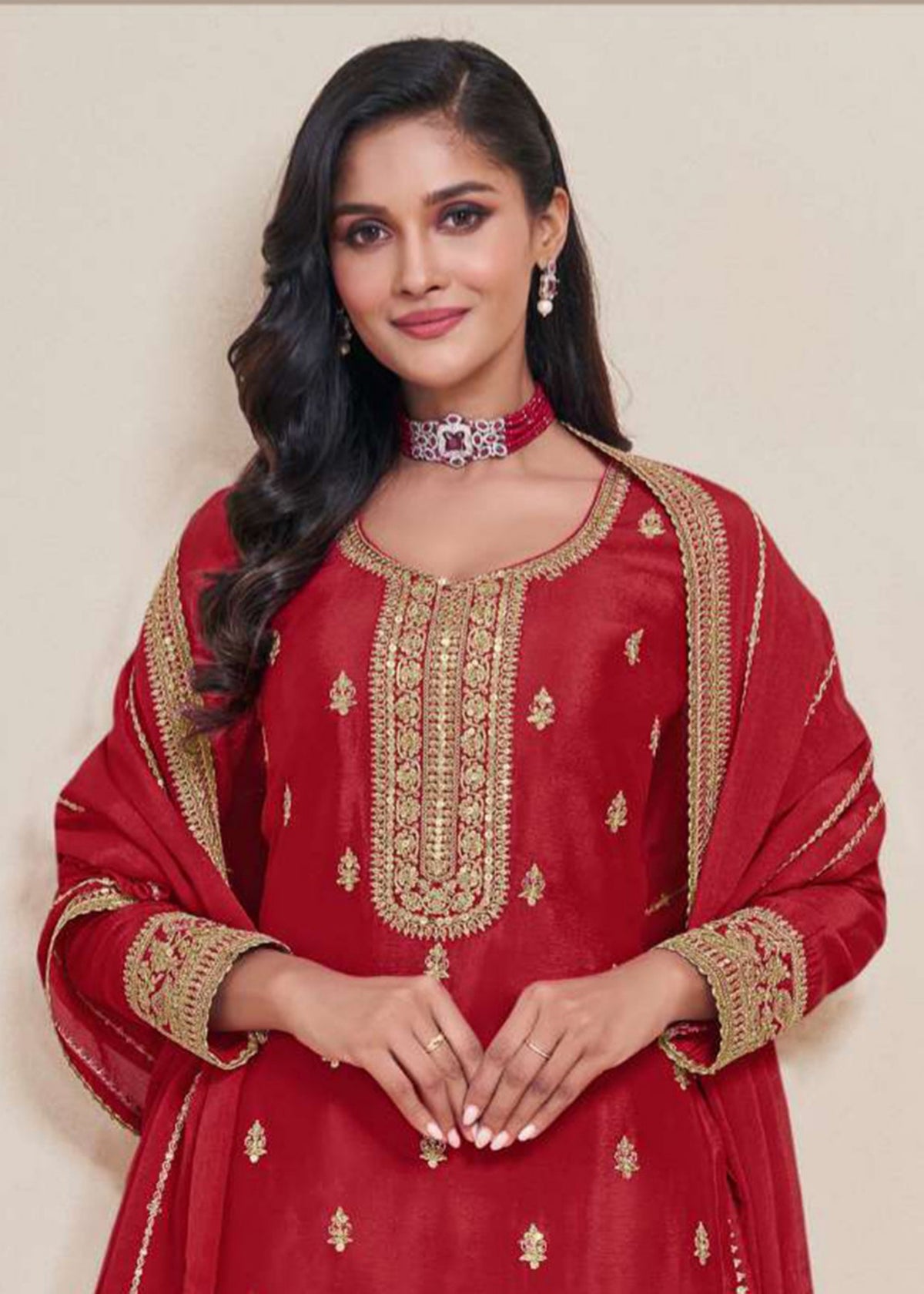 Hot Red Embroidered Sharara Suit