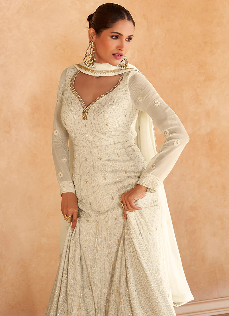 Ivory White Chikankari Embroidery Designer Anarkali