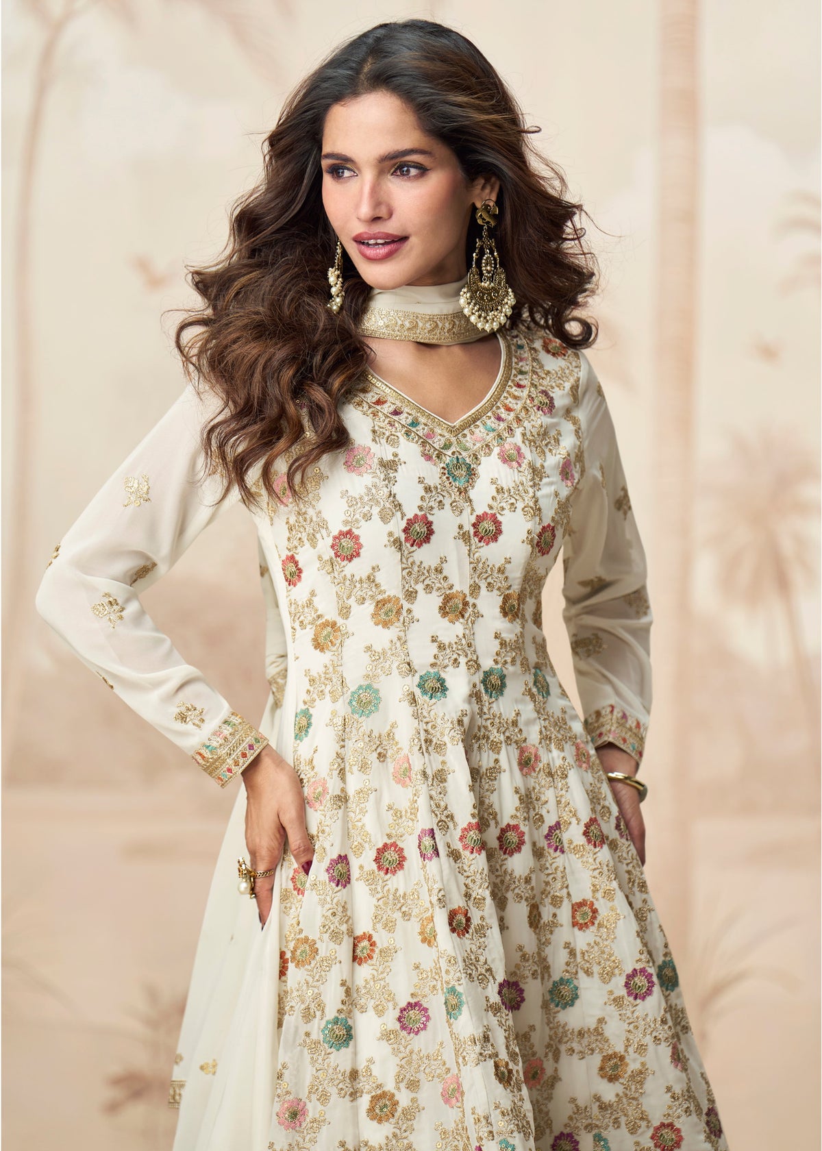 Buy Ivory Anarkali Style Palazzo Suit