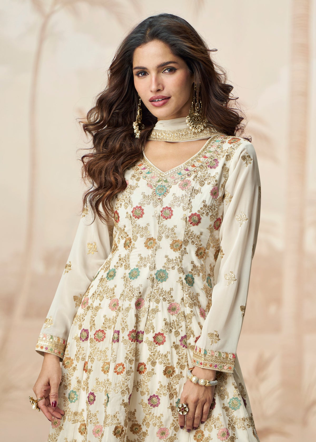 Buy Ivory Anarkali Style Palazzo Suit